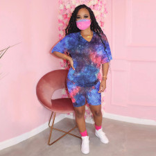 Plus Size Tie Dye V Neck Two Piece Shorts Set Without Mask SH-3759