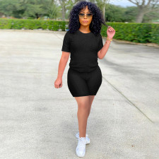 Sports Casual Round Neck Solid Color Short Sleeve Shorts Two Piece Sets SH-390073