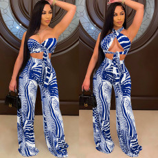 Sexy Printed Wrap Chest Wide Leg Pants 2 Piece Sets SH-390078