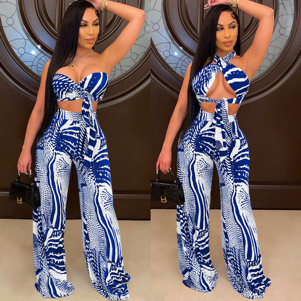 Sexy Printed Wrap Chest Wide Leg Pants 2 Piece Sets SH-390078