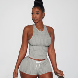 Plus Size Solid Fitness Yoga Two Piece Shorts Set SH-390074