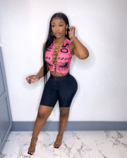 Letter Print Bandage Hollow Top And Shorts Two Piece Sets NM-8367