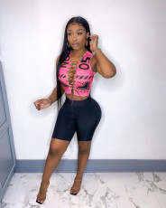 Letter Print Bandage Hollow Top And Shorts Two Piece Sets NM-8367