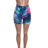 Plus Size Denim Tie Dye Ripped Hole Jeans Shorts SH-3846