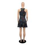 Letter Print Tennis Sleeveless Pleated Culottes Mini Dress YIBF-6085