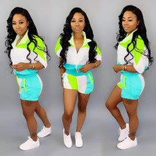 Plus Size Patchwork Tracksuit 2 Piece Shorts Set SH-3534