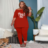 Plus Size Pink Letter Print Two Piece Pants Set YIM-197
