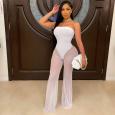 Fashion Sexy Solid Color Tube Top Mesh Jumpsuit YS-8804