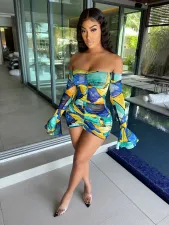 Sexy Off Shoulder Mesh Print Mini Dress YS-8806
