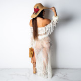 Plus Size Grid Hollow Out Tassel Two Piece Sets SH-3554