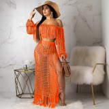 Plus Size Grid Hollow Out Tassel Two Piece Sets SH-3554