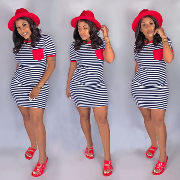 Plus Size Casual Striped Short Sleeve Mini Dress SH-3617