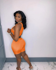 Solid Sleeveless Lace-Up Two Piece Shorts Set XYF-9107