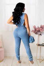 Plus Size Denim Sleeveless Hollow Slim Jeans Jumpsuit LX-6087