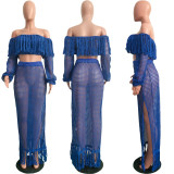 Plus Size Grid Hollow Out Tassel Two Piece Sets SH-3554