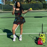 Letter Print Tennis Sleeveless Pleated Culottes Mini Dress YIBF-6085