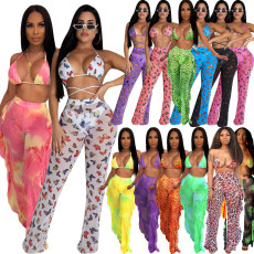 Plus Size Sexy Printed Mesh See Through Ruffled Two Piece Sets SH-3592