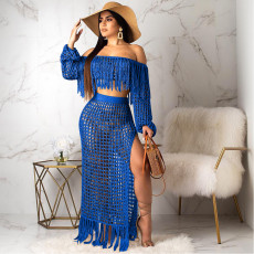 Plus Size Grid Hollow Out Tassel Two Piece Sets SH-3554