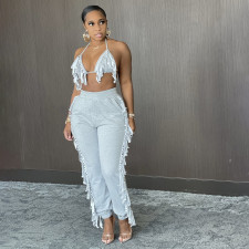 Solid Color Casual Bra Tassel Pants Two Piece Sets SH-390131