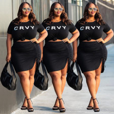 Plus Size Letter Print Short Sleeve Mini Skirt 2 Piece Sets LP-6295