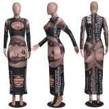 Sexy Mesh Dollar Print Long Sleeve Maxi Dresse YS-8702