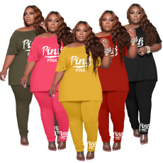 Plus Size Pink Letter Print Two Piece Pants Set YIM-197