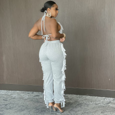 Solid Color Casual Bra Tassel Pants Two Piece Sets SH-390131