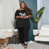 Plus Size Pink Letter Print Two Piece Pants Set YIM-197