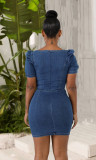 Plus Size Denim Short Puff Sleeve Bodycon Mini Dress LX-6899