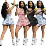 Letter Print Tennis Sleeveless Pleated Culottes Mini Dress YIBF-6085