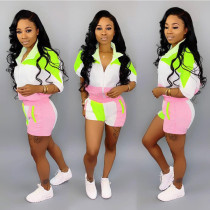 Plus Size Patchwork Tracksuit 2 Piece Shorts Set SH-3534