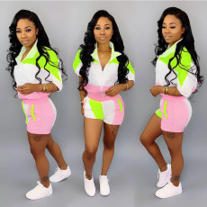 Plus Size Patchwork Tracksuit 2 Piece Shorts Set SH-3534