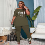 Plus Size Pink Letter Print Two Piece Pants Set YIM-197