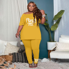 Plus Size Pink Letter Print Two Piece Pants Set YIM-197
