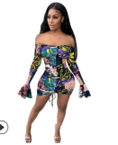 Sexy Off Shoulder Mesh Print Mini Dress YS-8806