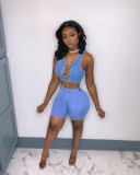 Solid Sleeveless Lace-Up Two Piece Shorts Set XYF-9107