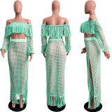 Plus Size Grid Hollow Out Tassel Two Piece Sets SH-3554