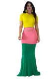 Casual Patchwork Short Sleeve Maxi Dresses YS-8341-1