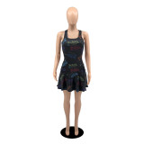 Letter Print Tennis Sleeveless Pleated Culottes Mini Dress YIBF-6085