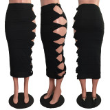 Sexy Solid Hole Hollow Out Long Skirt LX-6900