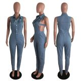 Plus Size Denim Sleeveless Hollow Slim Jeans Jumpsuit LX-6087