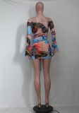 Sexy Off Shoulder Mesh Print Mini Dress YS-8806