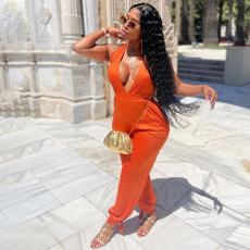 Solid V Neck Halter Backless Jumpsuit QSF-51010