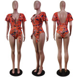 Floral Print V Neck Sashes One Piece Swimsuit WY-6773