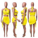 Sexy Solid Halter Hollow Bandage Mini Skirt 2 Piece Sets NIK-248