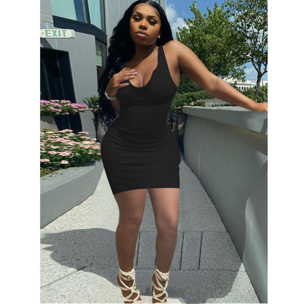Sexy Solid Sleeveless Slim Mini Dress FOSF-8087