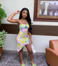Sexy Printed Irregular Spaghetti Strap Mini Dress QZX-6214