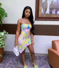 Sexy Printed Irregular Spaghetti Strap Mini Dress QZX-6214