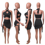 Sexy Solid Halter Hollow Bandage Mini Skirt 2 Piece Sets NIK-248