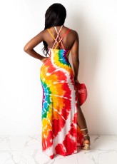 Tie Dye Print Cross Strap Split Maxi Dress WY-6763